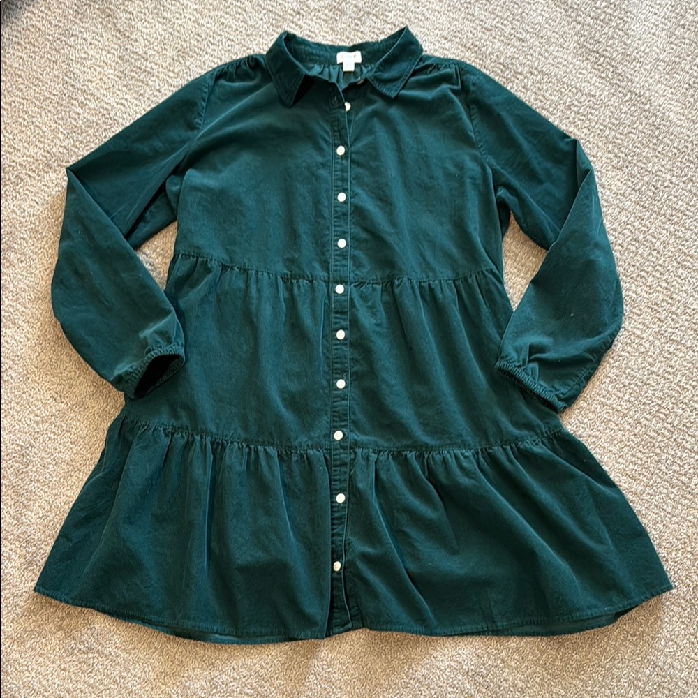J. Crew Factory Green Corduroy Button-Up Tiered Dress